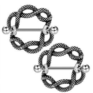 14G 316L Silver Twisted Snake Nipple Rings - Set of 2
